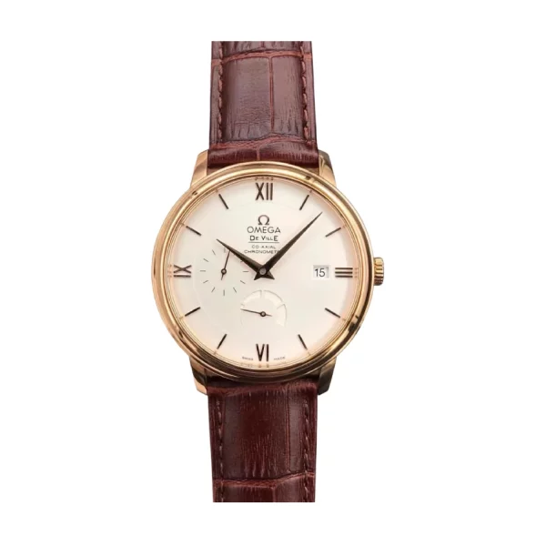 Omega De Ville 40mm Gold Steel Silver Dial Brown Leather Strap Super Clone